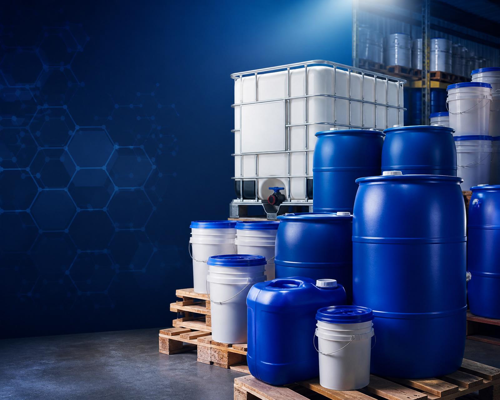 Bulk chemical drums, pails, and IBC totes ready for distribution across Alberta